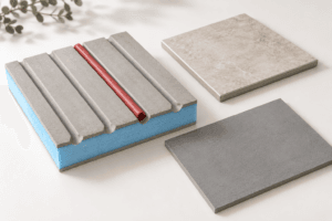 Cement-coated grooved XPS heating boards: tiling and overlay options